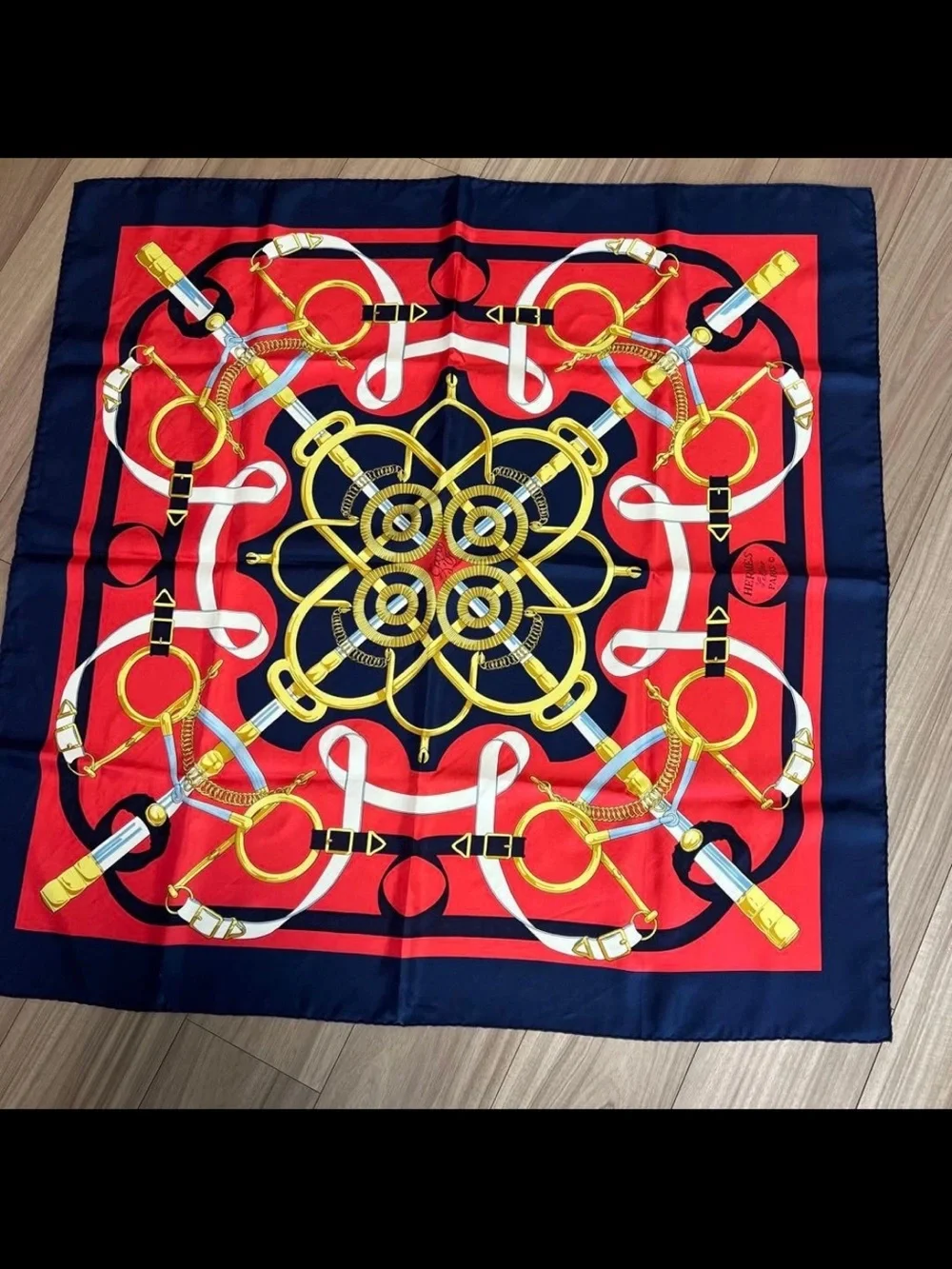 Hermes Navy Red Gold Equestrian Motif Silk Scarf
